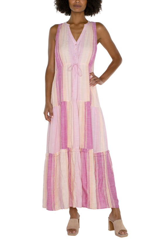 Liverpool Sleeveless Tiered Maxi Dress w/ Adjustable Waist (lavender multistripe)