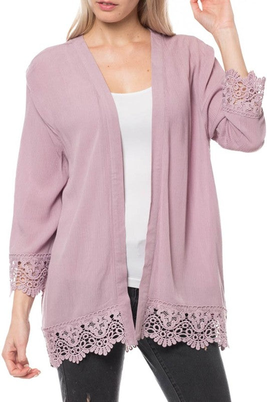 Crochet Trim solid boxy woven cardigan