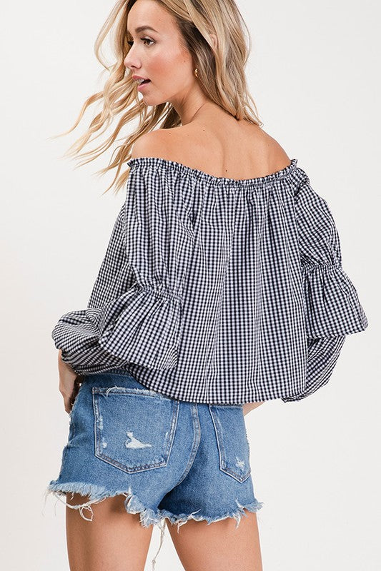 Bow knot plaid long sleeve/off the shoulder top