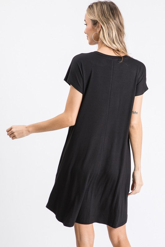Short Sleeve V-Neck Solid Dress with side pockets