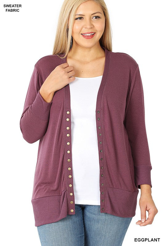 Plus Snap Button Sweater Cardigan with 3/4 Sleeve
