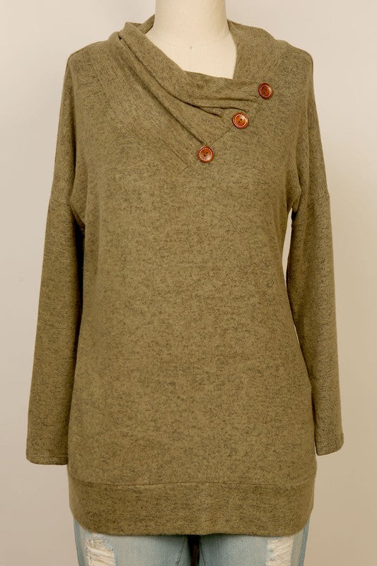 Long Sleeve Brushed Hacci Wood Button Accent Tunic