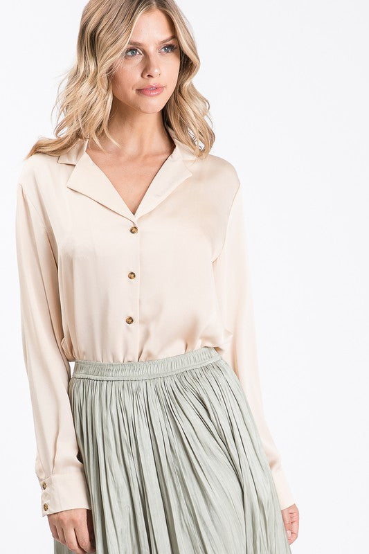 Satin Solid Button Down Long Sleeve Collar Blouse