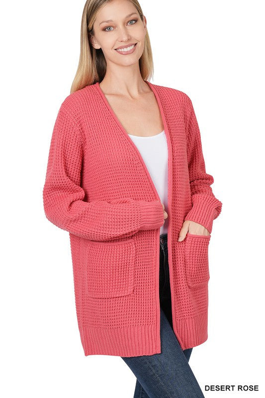 Waffle Open Cardigan Sweater with Pockets