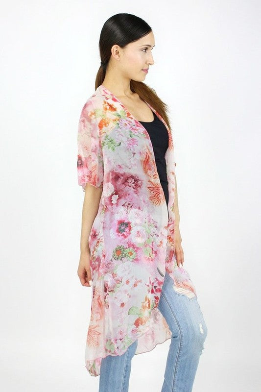 Short Sleeve Printed Floral Cardigan