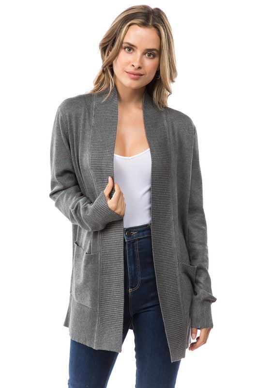Cardigan with Ribbed Neckline and Pockets