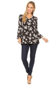 Floral printed Jersey knit top with v-neckline & long bell sleeves