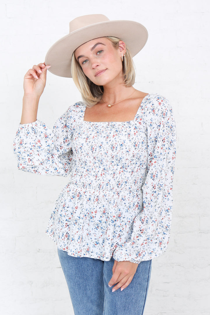 Long Sleeve Smocked Top with Ruffle Sleeves Floral Print