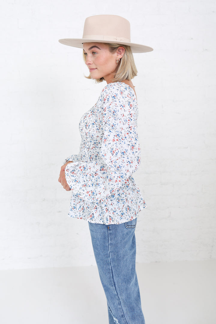 Long Sleeve Smocked Top with Ruffle Sleeves Floral Print