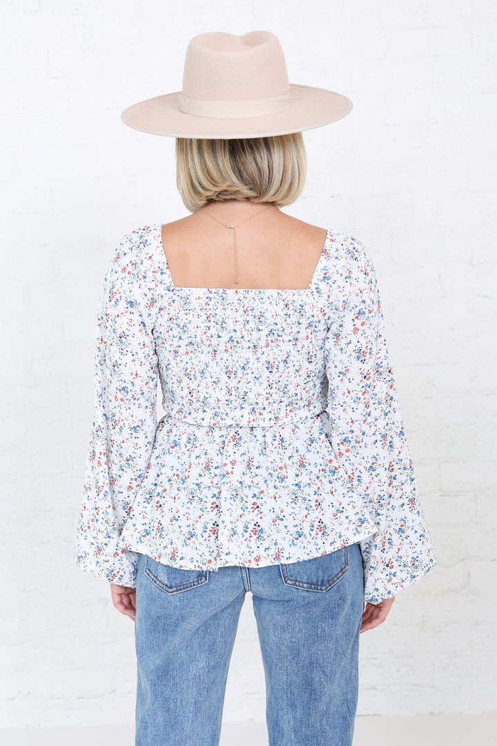 Long Sleeve Smocked Top with Ruffle Sleeves Floral Print