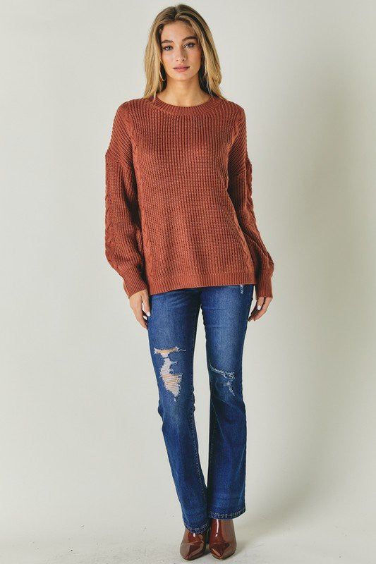 Round Neck Sweater with Cable Accents