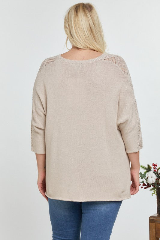 Plus 3/4 Sleeve Sweater with Knit Sleeve Accents