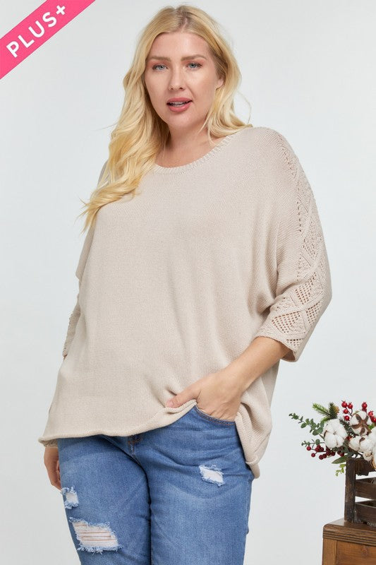 Plus 3/4 Sleeve Sweater with Knit Sleeve Accents