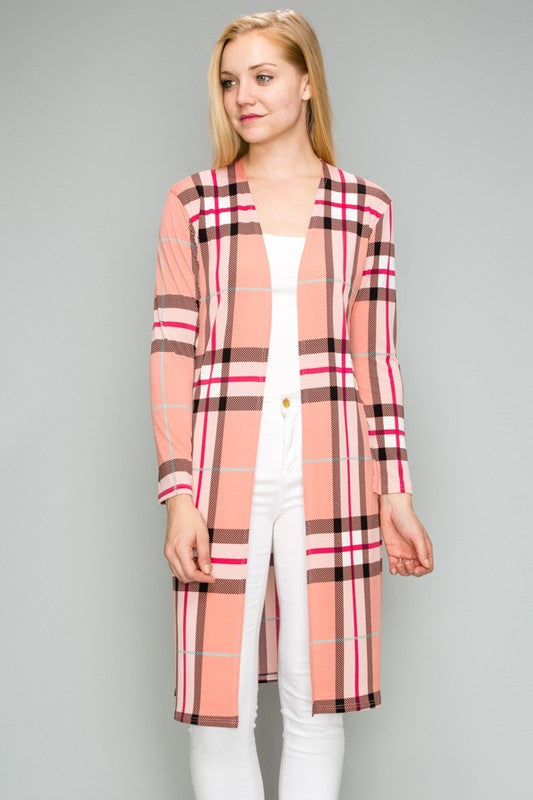 Long Sleeve Plaid Long Line Cardigan