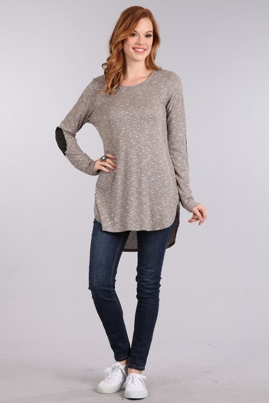 Ribbed knit top with long sleeves & faux suede elbow patches