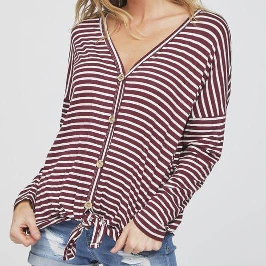 LS Stripe Knit Buttoned Front Top