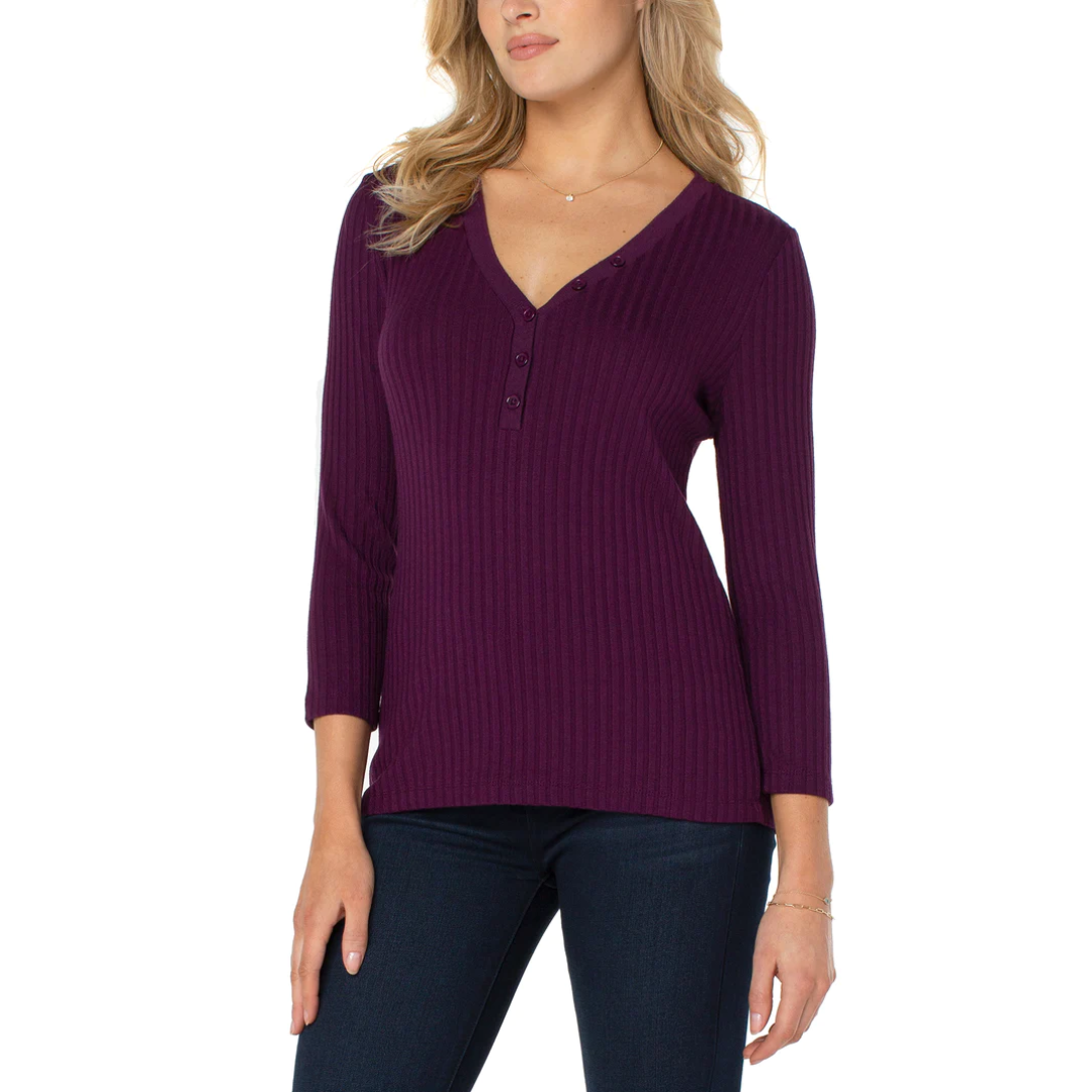 Liverpool 3/4 Sleeve Button Front Rib Knit Henley Top