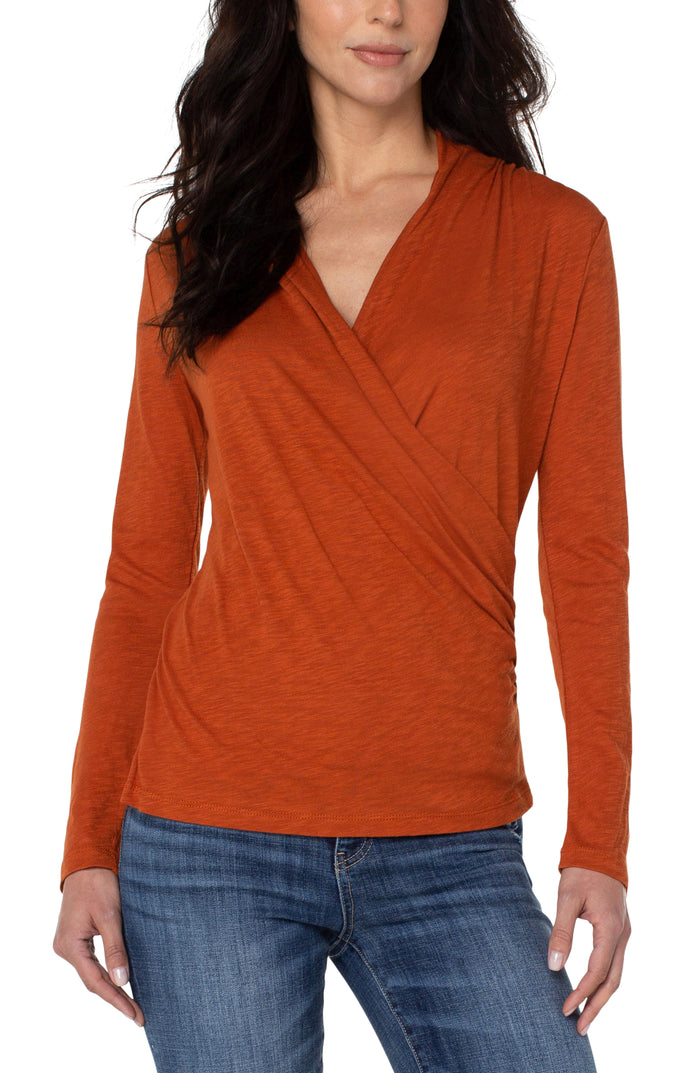 Liverpool Long Sleeve Wrap Front Slub Knit Top (solid colors)