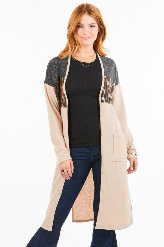 Color Block Cardigan w Leopard Detail