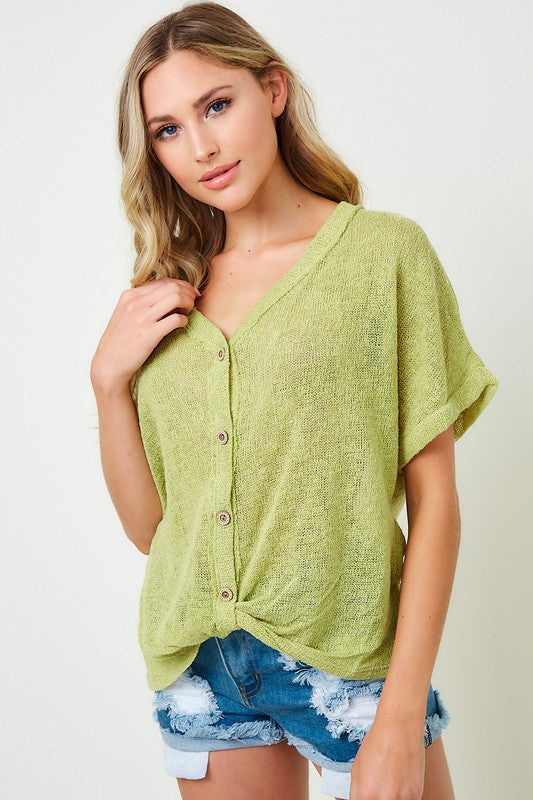 Lightweight knit button down top with a twist front detail