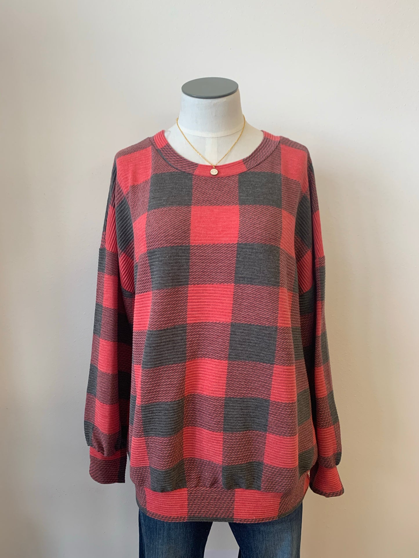 Plaid Top with Balloon Long Sleeves
