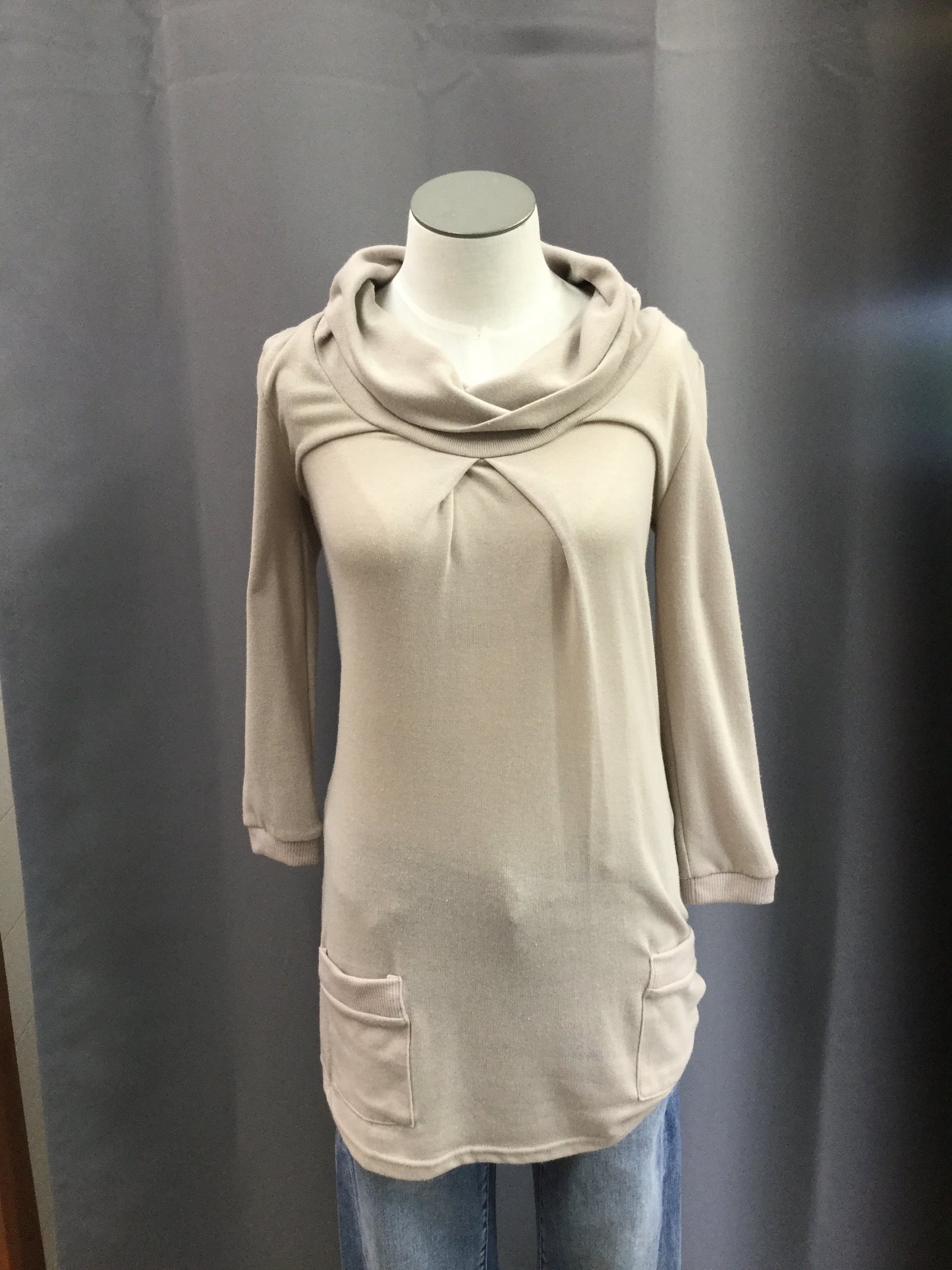 3/4 sleeve cowl neck sweater with front pockets
