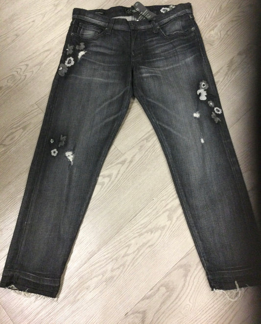 Lucky Denim in Dark Grey with EmbroideRed Flowers