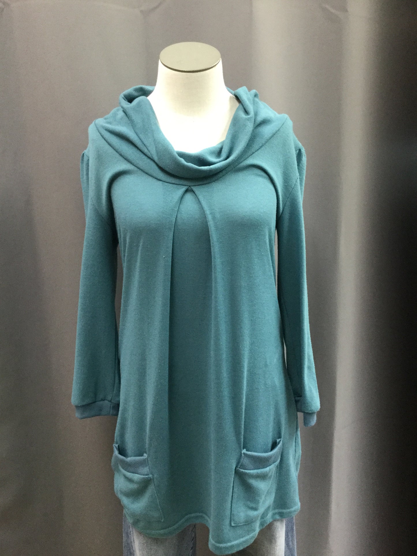 3/4 sleeve cowl neck sweater with front pockets