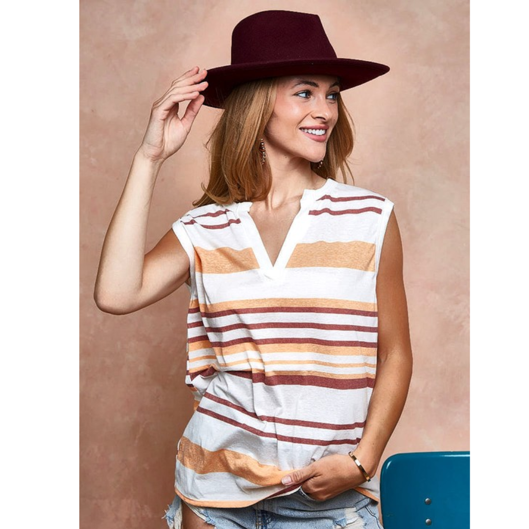 Multi Stripe Printed Sleeveless Henley Top