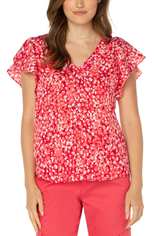 Liverpool Double V-Neck Flutter Sleeve Top (Watermelon Sugar Dip)