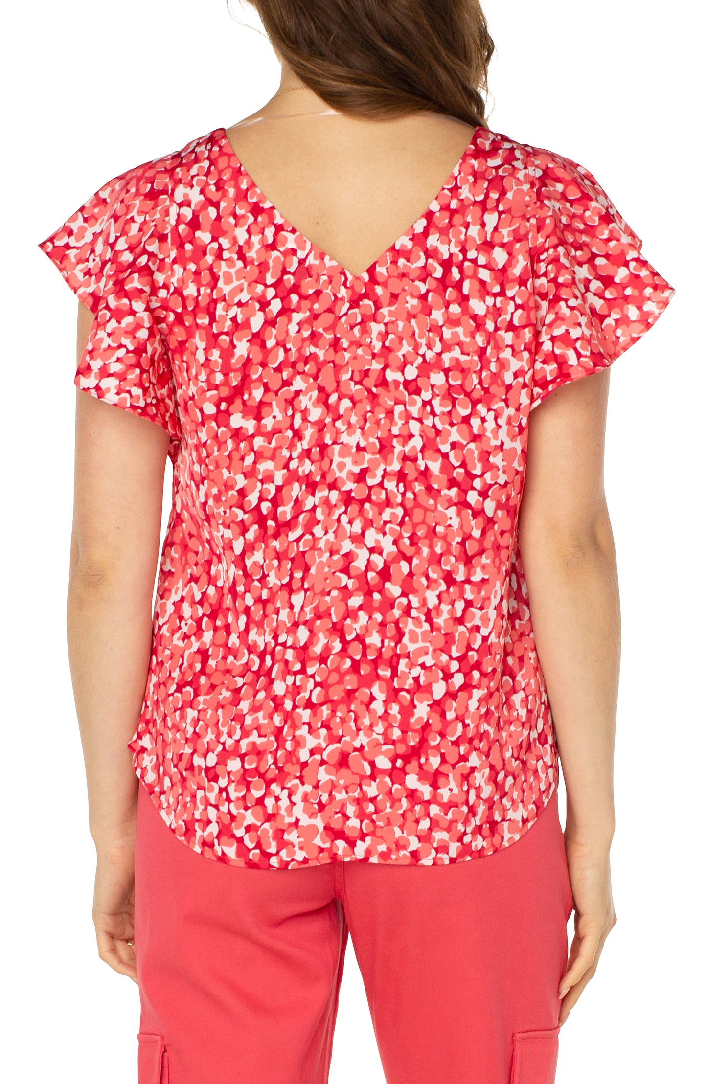 Liverpool Double V-Neck Flutter Sleeve Top (Watermelon Sugar Dip)