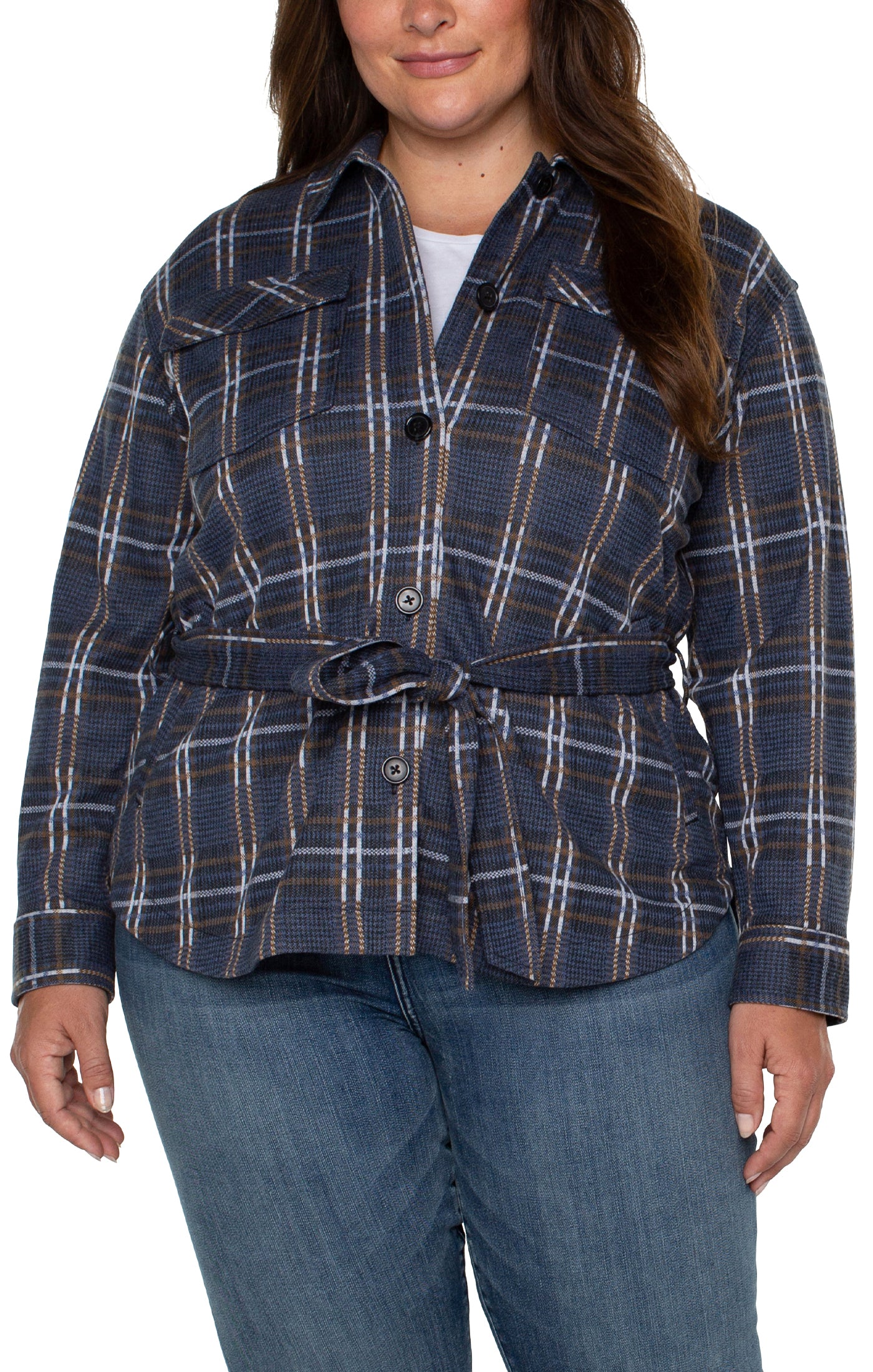 Liverpool's Belted Shirt Jacket (Queen Blue Grey Plaid) (plus size available)
