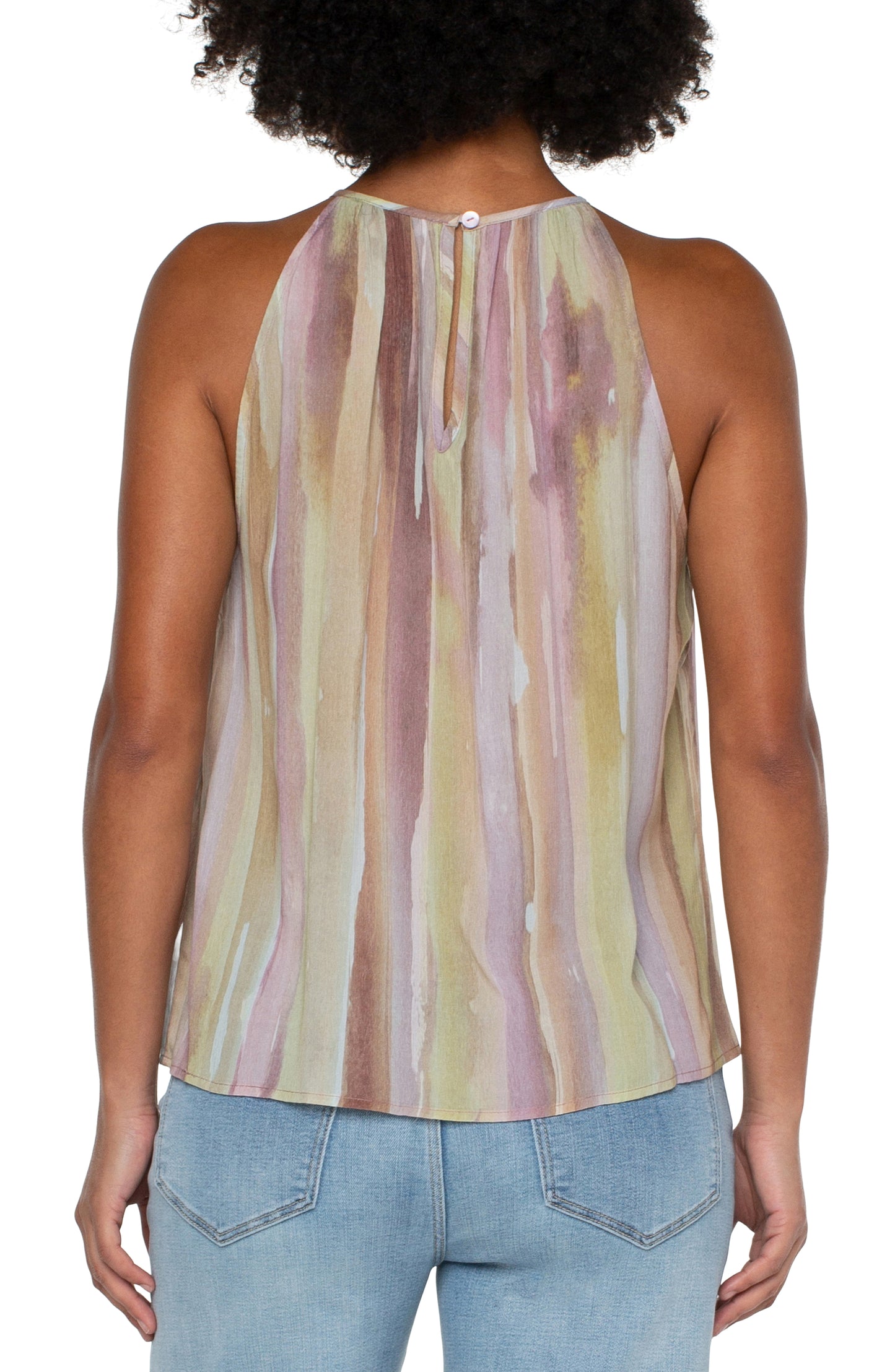 Liverpool Sleeveless Mock Neck Halter Top (Watercolor Stripe)