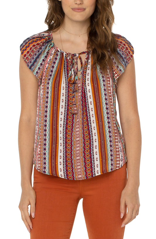 Liverpool petal sleeve woven top w ties (carousel stripe)