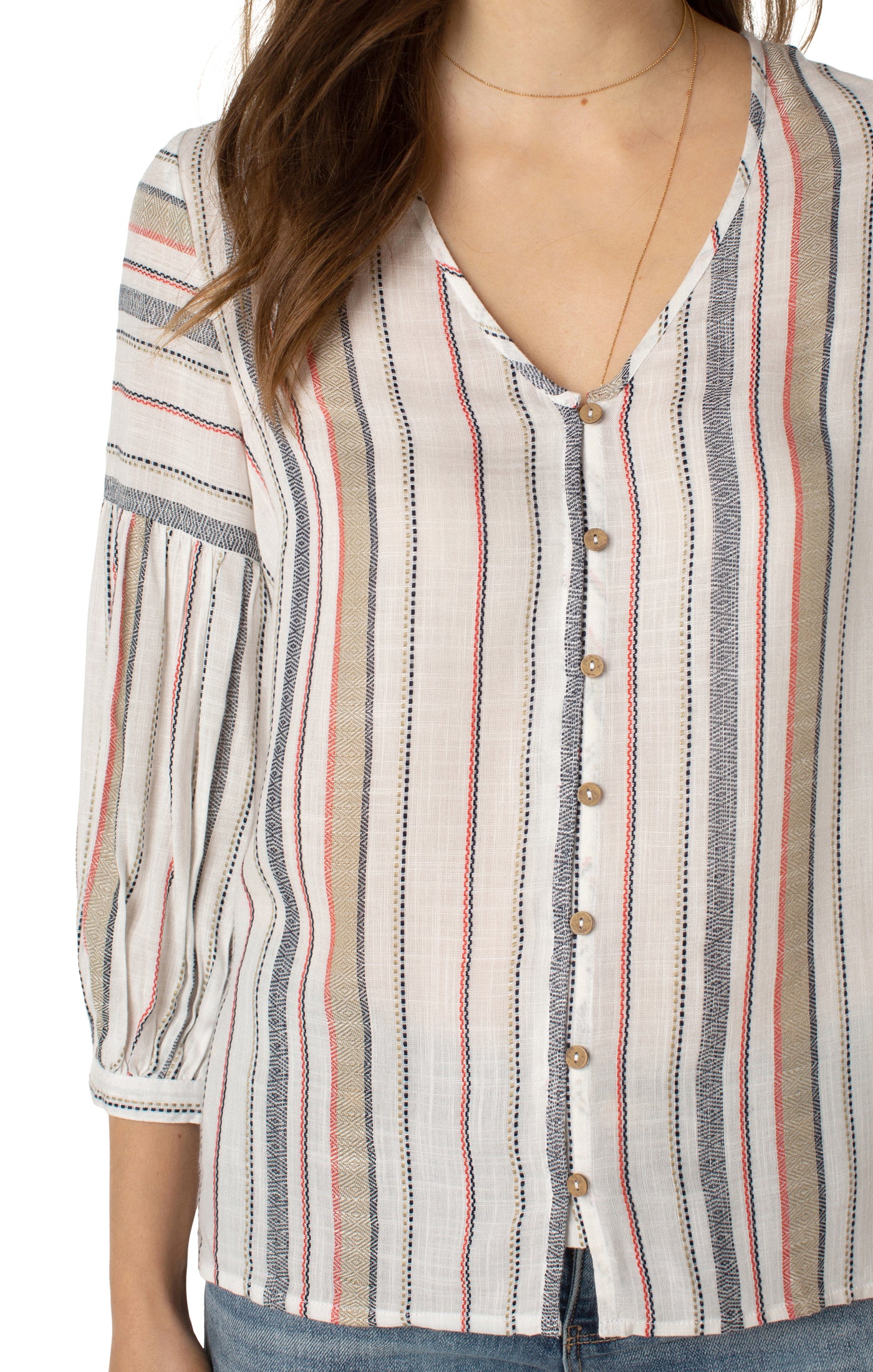 Liverpool 3/4 sleeve button from peasant blouse (multi color stripe)